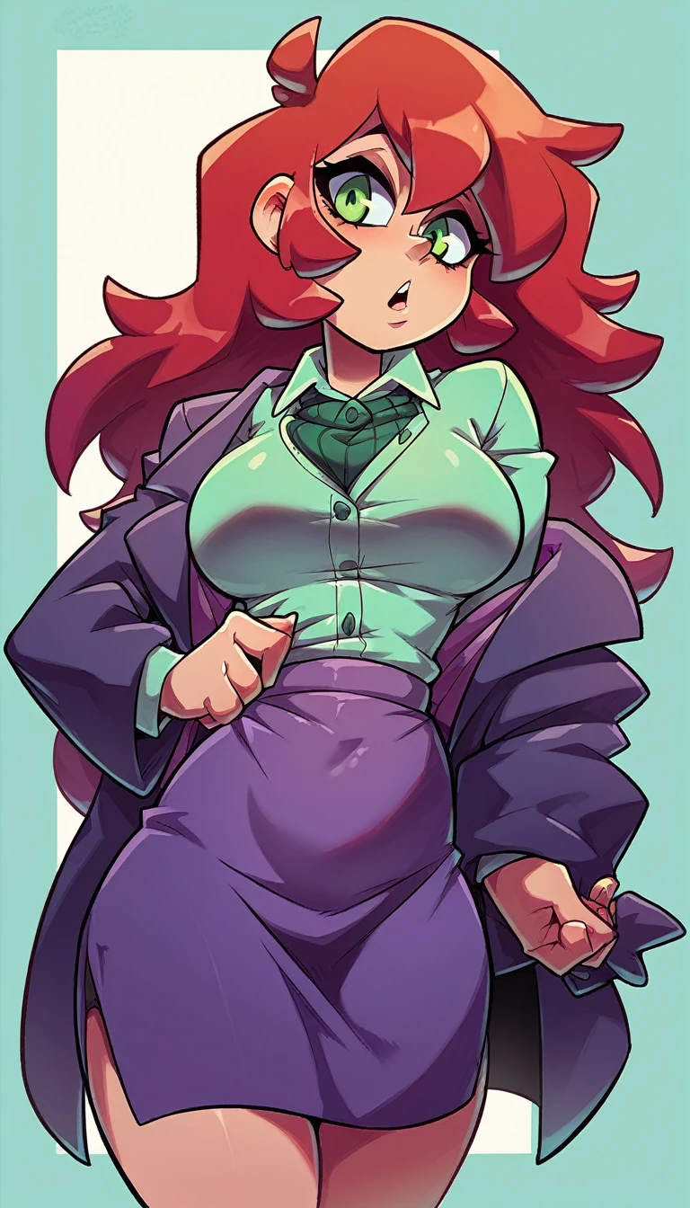 An attractive sexy hex girl with a big breast wears red hair, a tousled cut, her green eye, wears a purple button-down office coat and a long purple skirt with a black heel. 