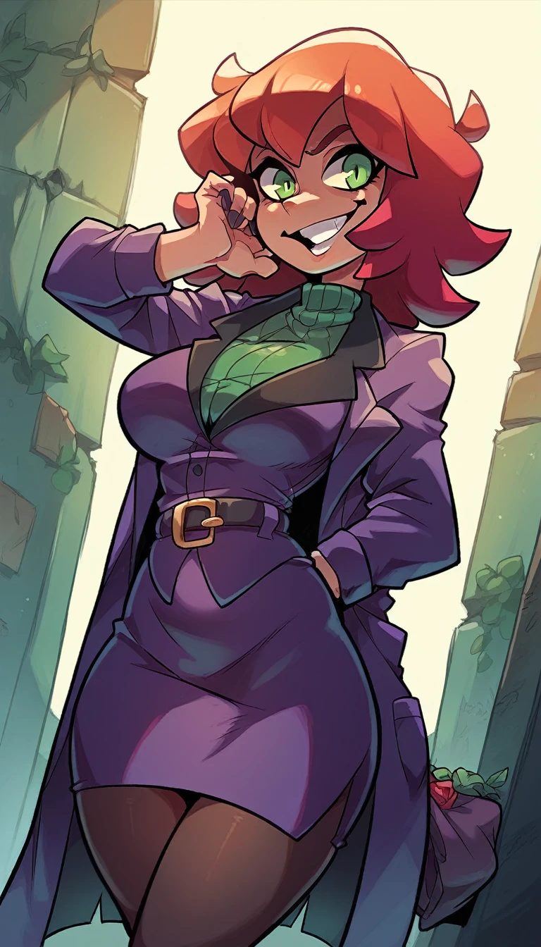 An attractive sexy hex girl with a big breast wears red hair, a tousled cut, her green eye, wears a purple button-down office coat and a long purple skirt with a black heel.