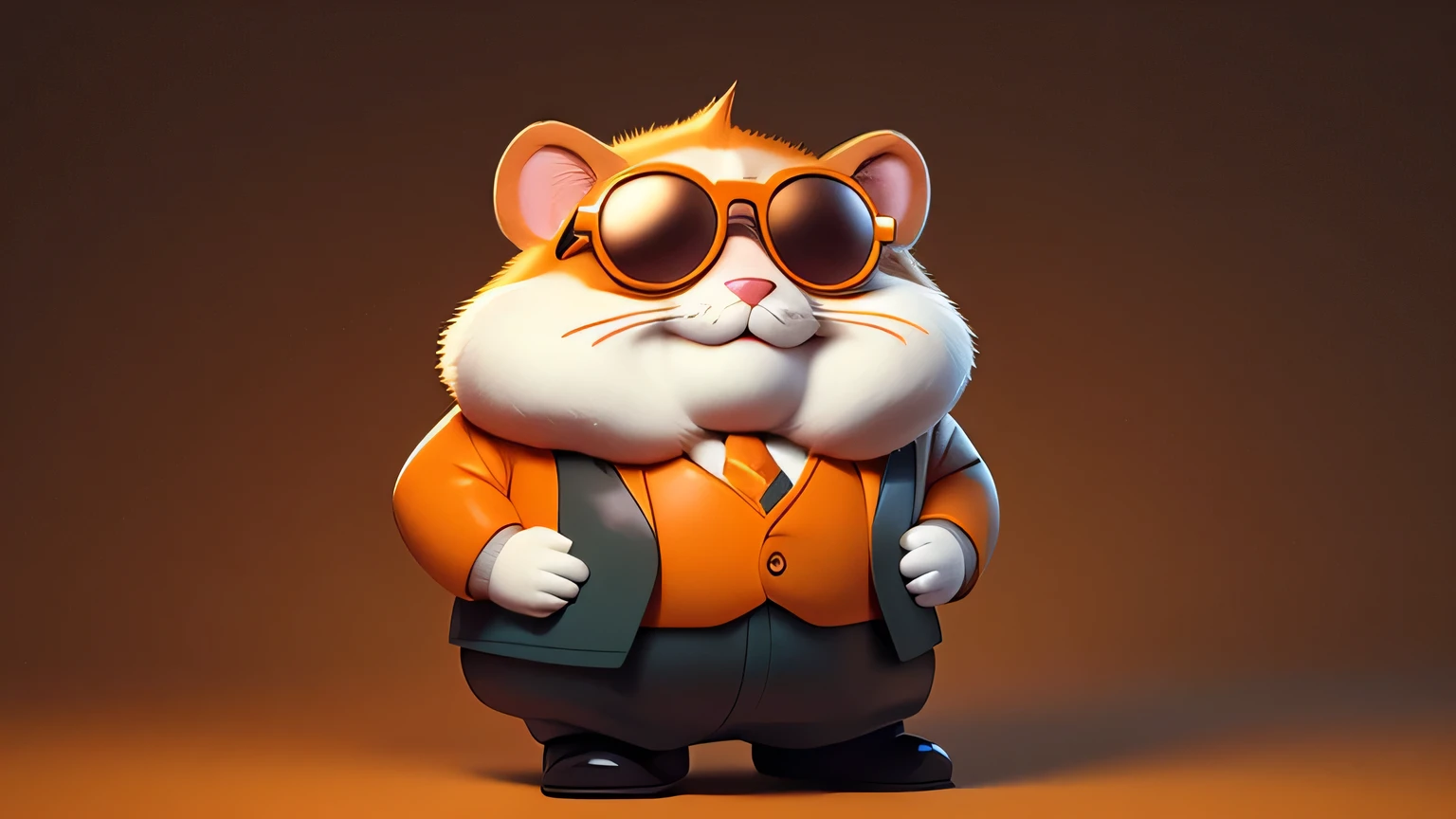 a close up of an orange and white hamster, cute face with fat cheeks, dressed in a suit and sunglasses, furry art, looking heckin cool and stylish, , big chungus boss, neon dark room background.