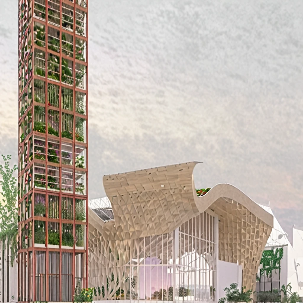 ew of a building and a tower, building is a flower market with wooden roof, roof is parametric and curved, tower is for urban agriculture and has visible steucture with plants crawing on it, lush vegetation, at sundown
