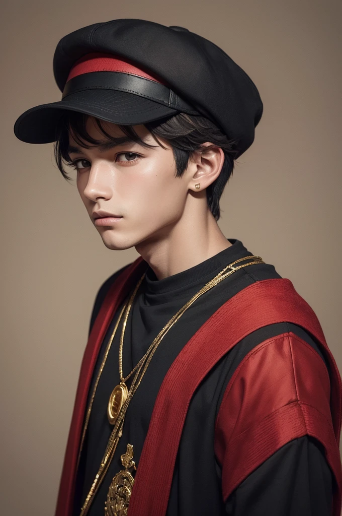 Boy with a red hat and a black shirt detailed with gold threads in a drawing
