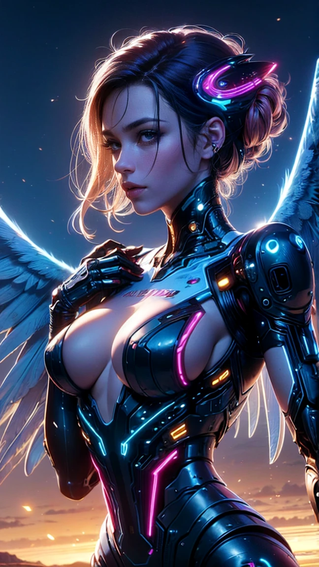 top quality, future world, State-of-the-art robot, Beautiful Woman, flying hair, Transformed into a cyborg except for the face, sexy images, whole body photo, ((Angel))