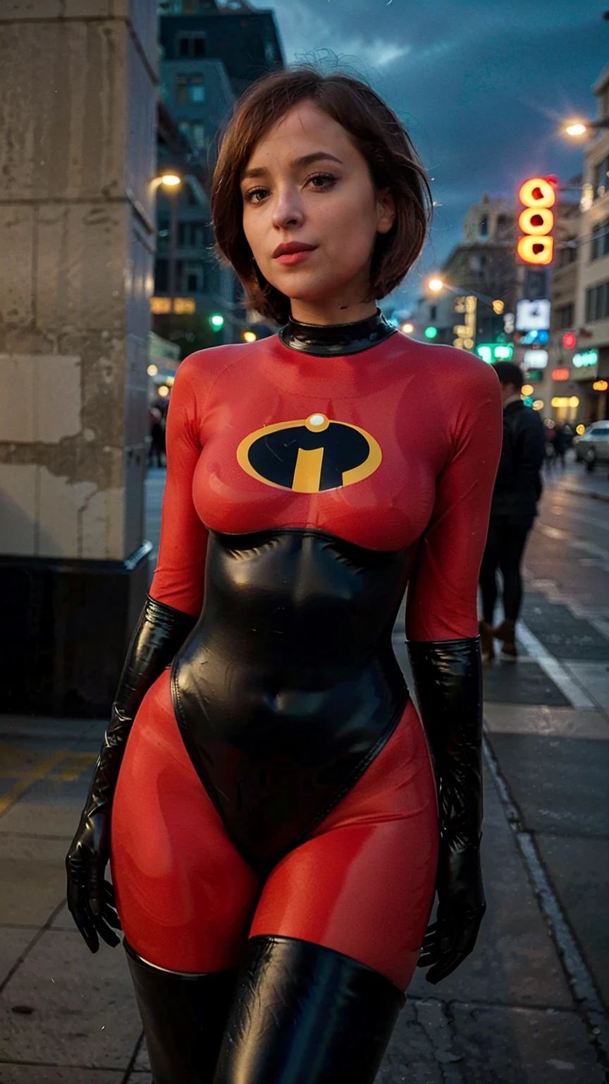 Masterpiece, (photorealistic1.4),Best quality, (solo), (1girl on night street)), (epiCRealLife), (lora:epiCFlashPhoto:0.75), (photorealistic1.4), (night scene), (night sky), (MsIncredible768red bodysuit ), (helenparr bodysuit), (dktj at night, Dakota Johnson), (helenparr hairstyle), (MsIncredible768 latex bodysuit), (red latex bodysuit), (black elbow gloves), (MsIncredible768 costume), (black thighhigh),), (short hair), (MsIncredible768 hairstyle), (outside patio), (1girl), (look at viewer), (demure), (close up), (spot light), (flashphoto), (night time), (at night), (f/2.8), (cowboy shots), (upperbody shot), (from front), (new york night street)