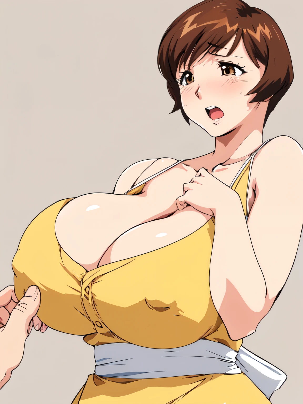 masterpiece, highest quality, High resolution, One girl, solo, sexual intercourse, Pornographic images, short hair, etsukoto, brown Eyes, fine grain, fine grain, (((Thick thighs, Plump thighs, Voluptuous thighs, Thighs alone are enough))), Huge and ample breasts, Cleavage, big long breasts, Naughty big,((big breasts are important))、((Naughty thighs)), L Cup, (thin:1.4),(Tight waist:1.4),  (yellow dress:1.4), anguish, open mouth, blush, ((white waist apron)), white panties, (((Simple Background))), ((Wide Hips)), Shiny, Oily skin, Mature mother, Calf, Seductive mature woman, milf, Perfect body, Plus Size Model, curvy, ample, etsukoto, blush, clavicle, retro artstyle, 1990s (style), (thick thighs:1.4), (bursting breast), (from side:0.8), (breasts focus), upper body, (from below:0.9),