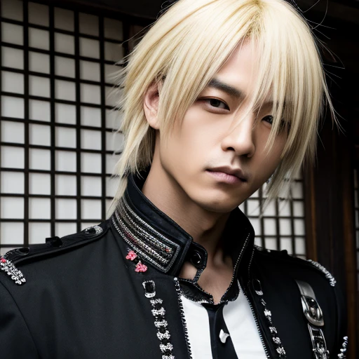 1 japanese male Gothic rocker, asien eyes, Visual Kai hairstyle, 40 years old, ultra detailed face and body, hyperrealistic, realistic representation, muscular, broad shoulders, Visual Kei style, hairstyle Visual Kei, black and blonde, outfit gothic, men's shirt and black pants, Asian eyes, eyes Asian, full body