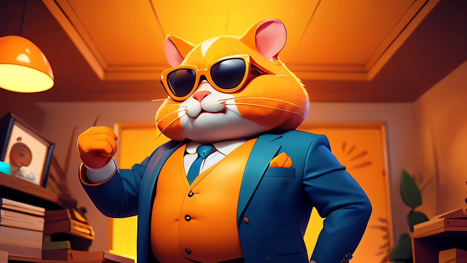 a close up of an orange and white hamster, cute face with fat cheeks, dressed in a suit and sunglasses, furry art, looking heckin cool and stylish, , big chungus boss, neon dark room background.