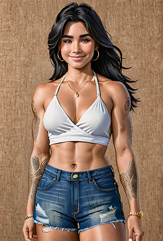 Create a detailed sketch of a woman standing in a casual pose. Her body is oriented slightly to the left, with her left arm hanging down and her right arm partially visible. She has long, straight black hair that flows down past her shoulders and dark, well-defined eyebrows. The woman is smiling softly, giving her a friendly and approachable expression.
She is wearing a white halter top that crosses at the chest, revealing her midriff. The top is fitted and wraps around her neck, leaving her shoulders exposed. She is also wearing high-waisted blue denim shorts with frayed edges, which add a casual and trendy touch to her outfit.
Pay special attention to her tattoos:
1. On her left shoulder, there is a tattoo that reads "Família" in elegant script, accompanied by a small heart symbol.
2. On her right upper arm, she has a prominent tribal design tattoo.
3. Her left forearm features a detailed floral tattoo.
She is accessorized with a gold wristwatch on her left wrist. The overall color scheme for the sketch should include natural skin tones, white for the top, blue for the shorts, and black for the hair. Highlight the details in her tattoos and the texture of her clothing for added realism.