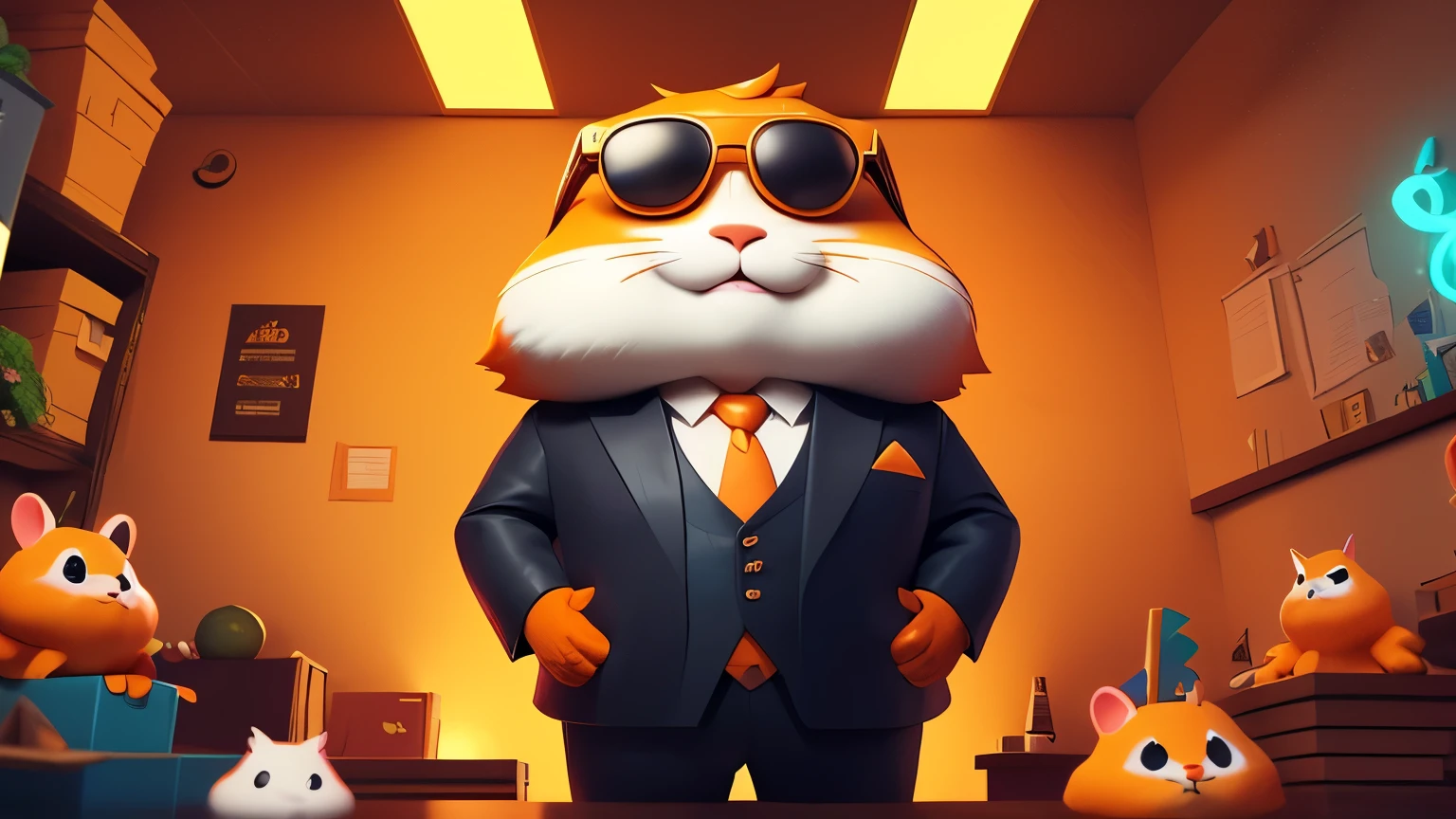 a close up of an orange and white hamster, cute face with fat cheeks, dressed in a suit and sunglasses, furry art, looking heckin cool and stylish, , big chungus boss, neon dark room background.
