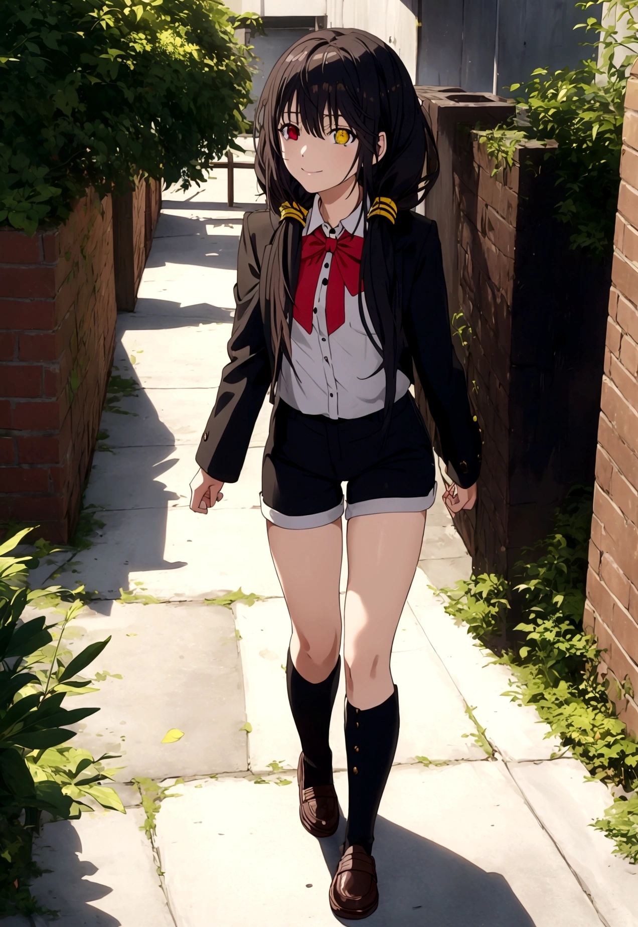 ultra-detailed,highly detailed,best quality,masterpiece,illustration,realistic, photo,photorealistic,
1girl, tokisaki kurumi,cosplay,hair over one eye, (right red eye, left yellow eye), looking at viewer, happy girl,low twintails,
, hotpants, hair rings, loafers,
Outdoors, walking, stadium
