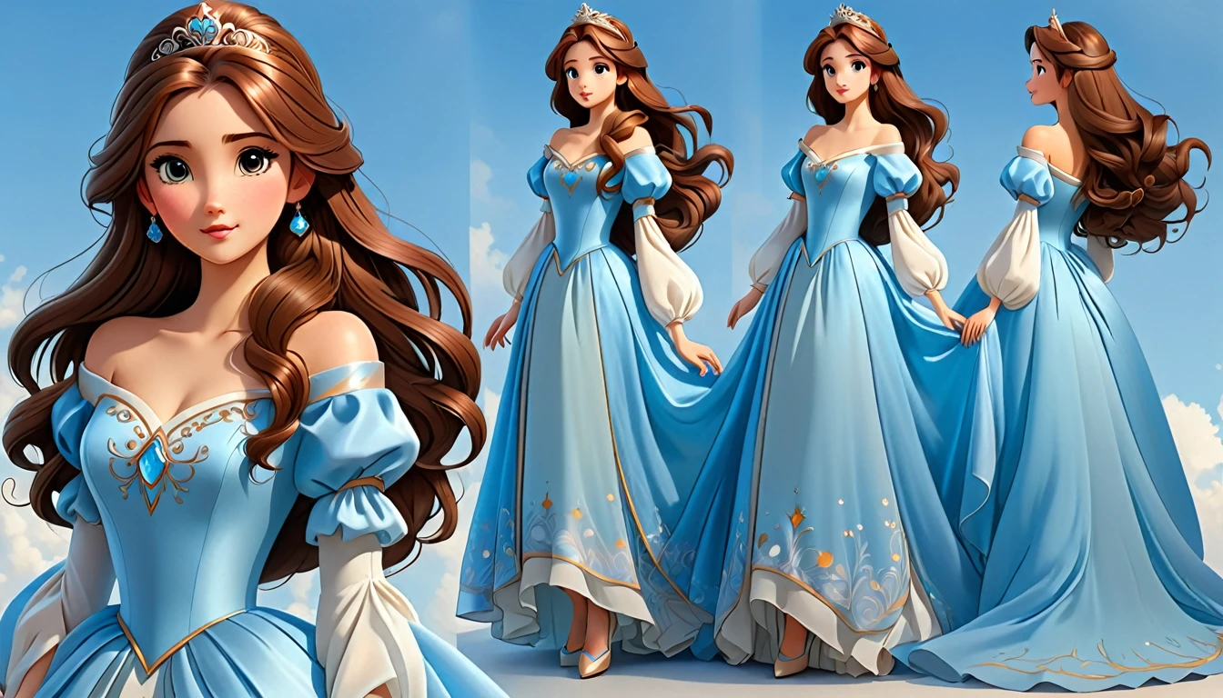 Beautiful Princess, long brown hair, sky blue colour beautiful gown, beautiful sleeves design, oversize, character design sheet , different poses, different angles