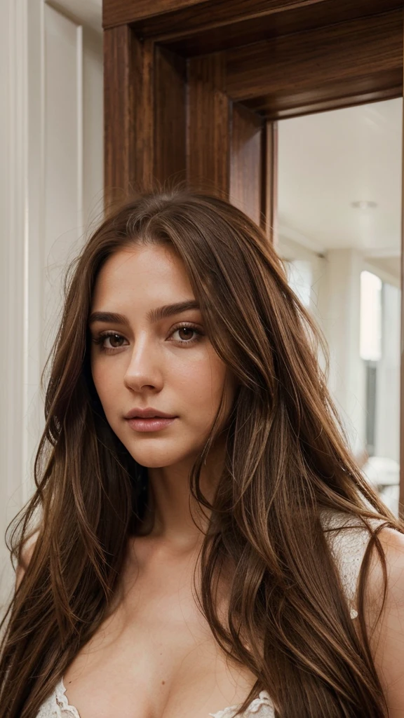 ((best quality)), (detailed), visage parfait (()), ((hyperrealism)) ,. Brown Hair with Light Brown Roots. brown-hair, Hair with brown roots, extra long hair, Very long hair, Very long hair, guapo, front view ,, hair falling on breasts