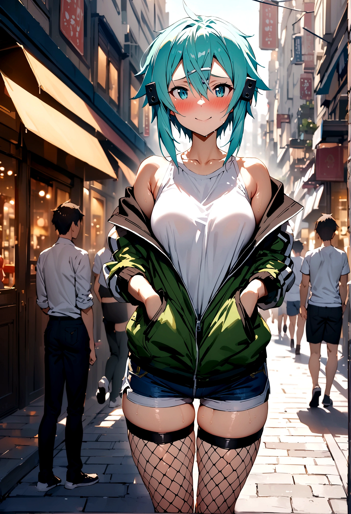 1girl , a 17 yo girl ,  , super adorable , full head ,(Body : (small breasts) , Skinny ) , ((tmasterpiece)) , (Very detailed CG unity 8K wallpaper) , best qualtiy , cinematic lighting , (hi-top fade:1.3) , dark themed , Muted Tones , Subdued Color , highly contrast , (natural skin textures , Hyper-Realism , Soft light , sharp) , (Hair : (Light Cyan Hair:1.5) , (shoulder-length hair) , ponytail , (Cyan Blue eyes:1.5) , beautiful detailed eyes , (Bright eyes:1.5) , (Very fine and beautiful) , (Beautiful and detailed eye description) , ( Background : (Random Amusement park at night Background) ) , Blur Background , (Topless) , Periwinkle Big Shape Jeans , Light cyan Furry Strapped Combat Bootie Boots , Full body shot , random view ,(Joyful Emotion:1.5) , Happy expression , (Pose : random pose , smile shy ) , (hair covers one eye : 1.5), Navel, small breast