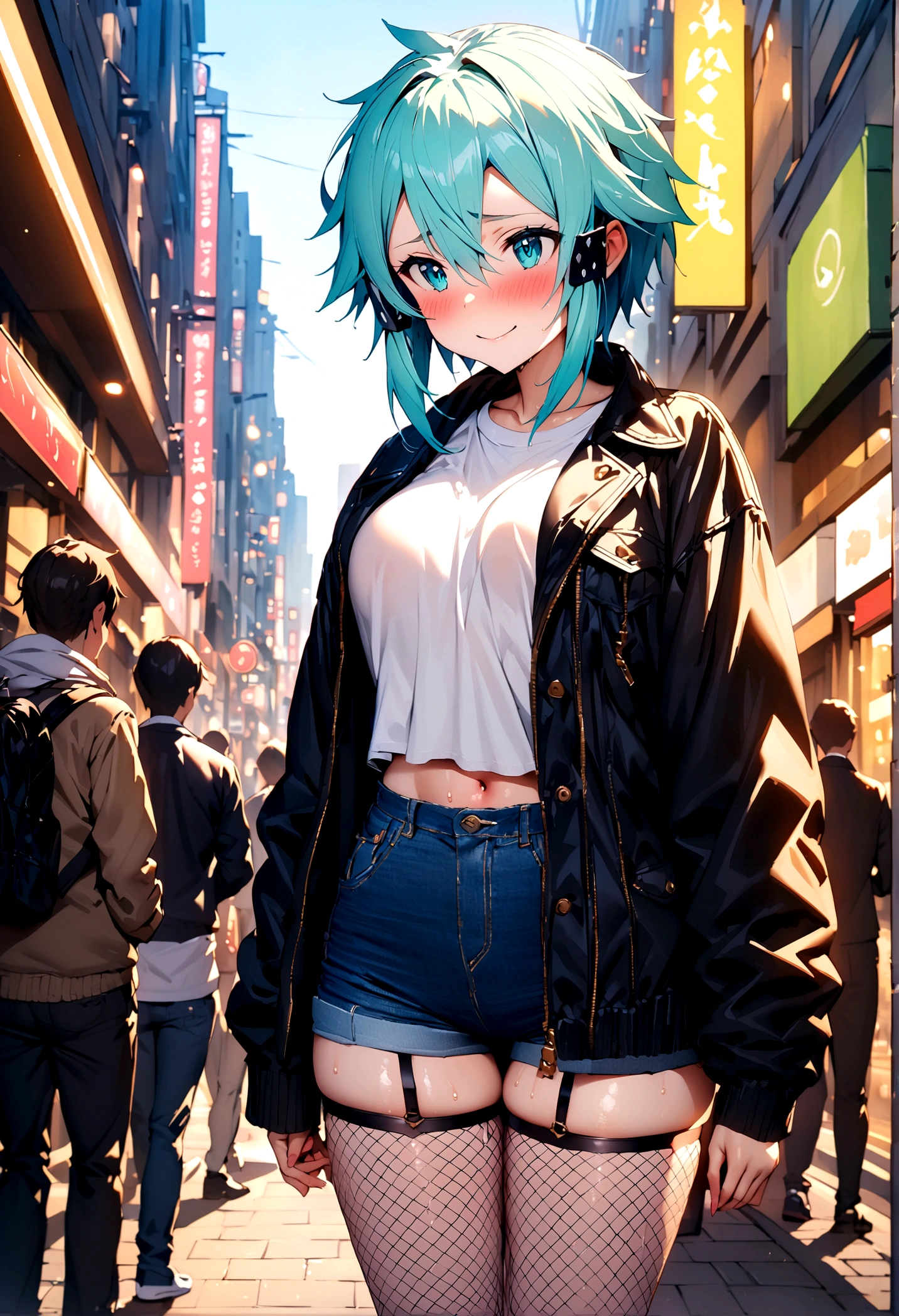 NSFW,masterpiece,Highest quality,High resolution,Super detailed,Sinon\(Sword Art Online\),Jacket,White T-shirt,cropped,Shorts,Fishnet tights,Embarrassed,expectant face,smile,blush,bustling street,Date