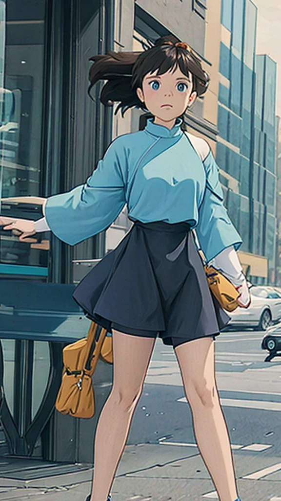 /imagine Two girls, modern Elsa and Anna from Frozen animated series, is on scooty, Anna is on the backsit of the scooty, blue scooty, Anna is handling her hairs which are flowing in air due to fast speed, in the city of New York, Cartoon Anime Style, Elsa has wear cyan open shoulder full sleeves shirt and black leggings and Anna has wear dark green jacket with denim shorts
