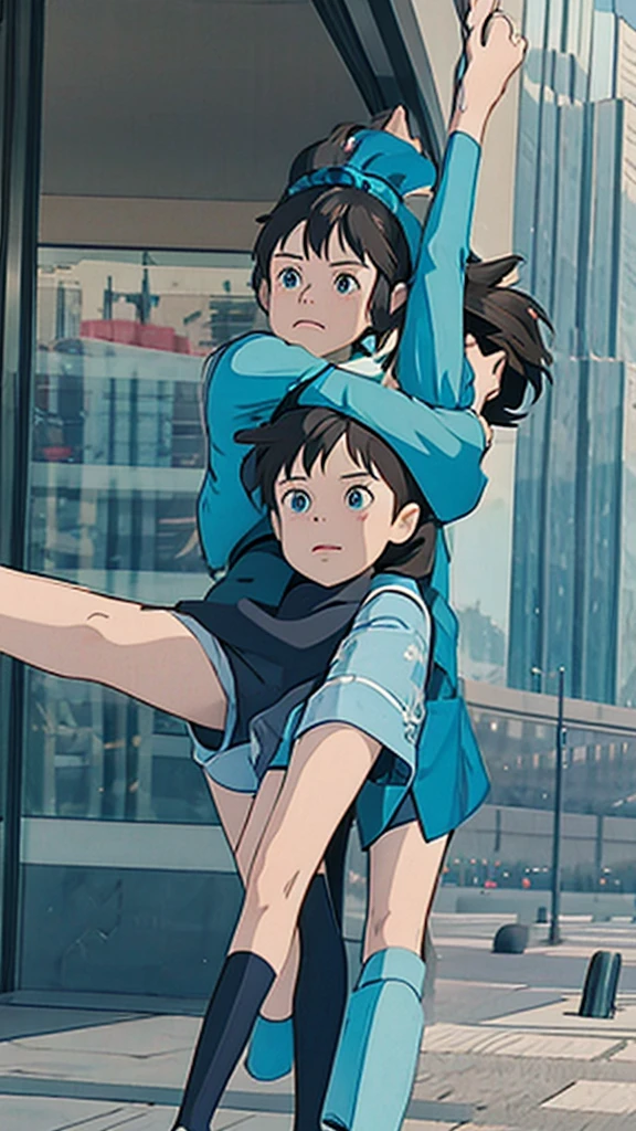 /imagine Two girls, modern Elsa and Anna from Frozen animated series, is on scooty, Anna is on the backsit of the scooty, blue scooty, Anna is handling her hairs which are flowing in air due to fast speed, in the city of New York, Cartoon Anime Style, Elsa has wear cyan open shoulder full sleeves shirt and black leggings and Anna has wear dark green jacket with denim shorts