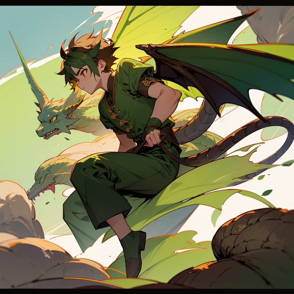A 14-year-old dragon hybrid boy with green dragon wings and tail and brown horns