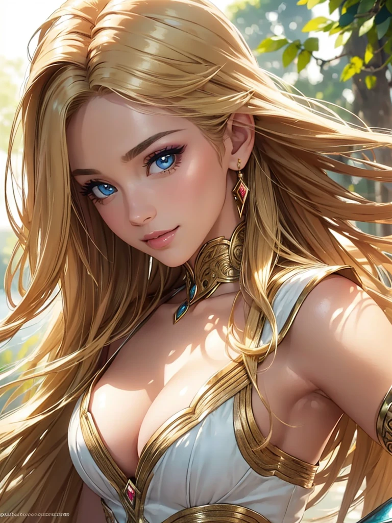 (Best quality,ultra detailed,Photorealistic:1.37),bright and rich colors,studio lighting,playful facial expression,stylish makeup,Long blonde hair fluttering in the wind,inviting eyes,glossy lips,sexy pose, Amazons, Themyscira, I smile confidently and seductively,posing for a professional photo shoot,shallow depth of field,highlighting the main subject,soft natural light,Creating a dreamy and magical atmosphere.
