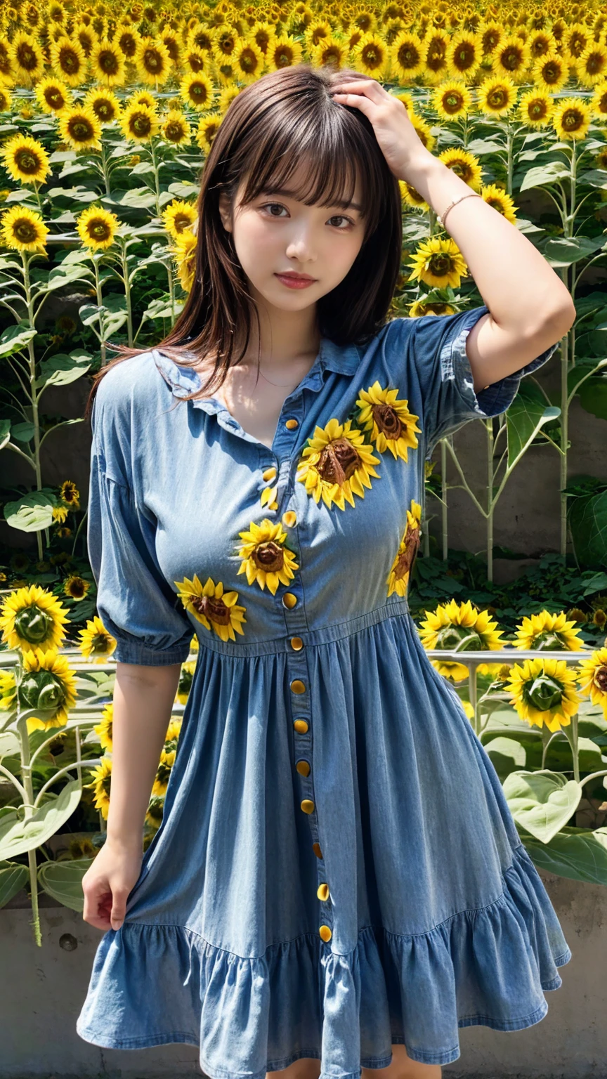 (8K, RAW Photos, Highest quality, masterpiece:1.2), (professional photography, full colors, studio-caliber color grading), (Gravure quality for high-end fashion magazines), close up, BREAK,18 year old girl, (straight hair:1.1), crying a little, Harajuku style, Big Natural Color Lip, (Plumpy body (smooth skin.1 (huge breasts  BREAK (((casual dress.3)), BREAK (Sunflower field background)、