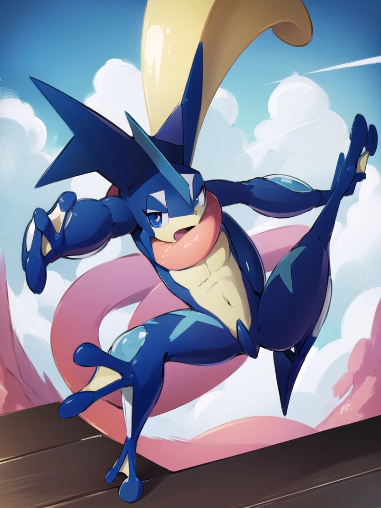 (masterpiece, best quality:1.2),solo,greninja \(pokemon\),pokemon \(creature\),full body,no humans,outstretched arms, long tongue, blue skin,looking at viewer,blue sky