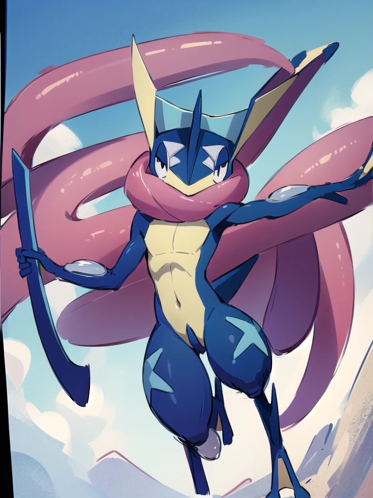 (masterpiece, best quality:1.2),solo,greninja \(pokemon\),pokemon \(creature\),full body,no humans,outstretched arms, long tongue, blue skin,looking at viewer,blue sky