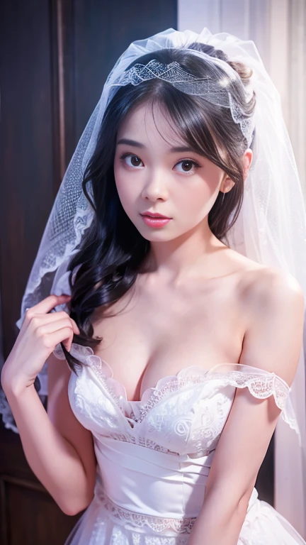 Highly detailed CG Unity 8k wallpaper, top quality, super detailed, masterpiece, realistic, photorealistic, highly detailed cute girl, (25 years old), blush, round eyes, small breasts, viewer, semi-body shot, white wedding dress, cleavage, veil