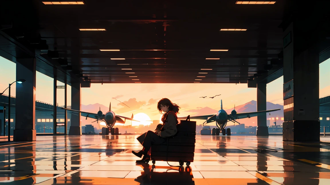 New modern airport, Sit while the plane is flying,waiting, It has a nice atmosphere, Adult women, Trunk Case ,Perfect Face, A melancholic look, (Backlight: 1.1), A scene from a movie, Soft Shadows, masterpiece, Highest quality, Complex, Model shooting style, Film Grain, Wide Shot、Red lipstick