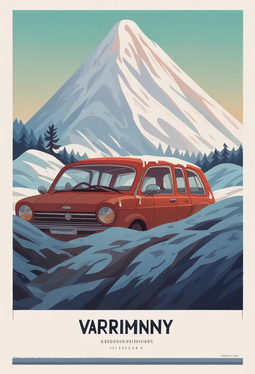 car poster, Procreate, red, Austin Mini  1960, vector art, minimalist, high resulotion, very realist, high details, snowy mountain background