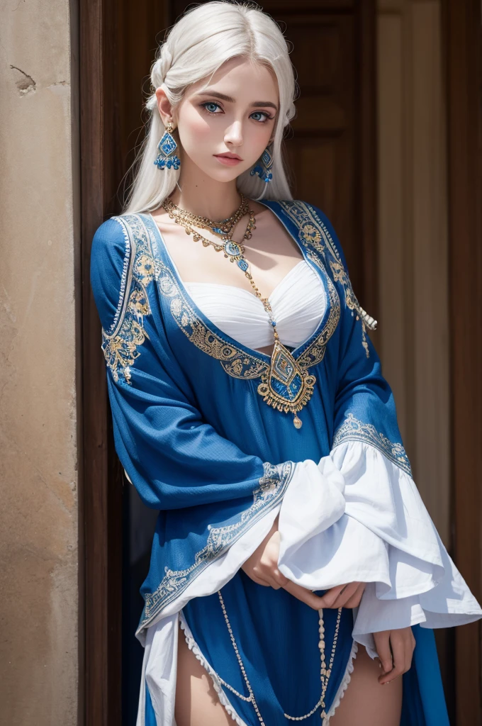 A white-skinned gypsy dressed in blue and black clothes