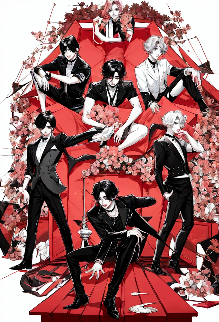 imagina poster da boy band TBS, Dynamite music, black andwhite, with oriental singers, tonalidades black andwhite, BTS (Bangtan Boys (BTS)) 'Dynamite'