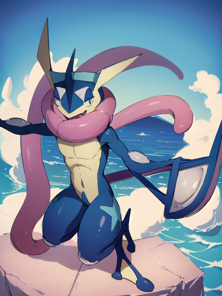 (masterpiece, best quality:1.2),solo,greninja \(pokemon\),pokemon \(creature\),full body,no humans,outstretched arms, long tongue, blue skin,looking at viewer,blue sky