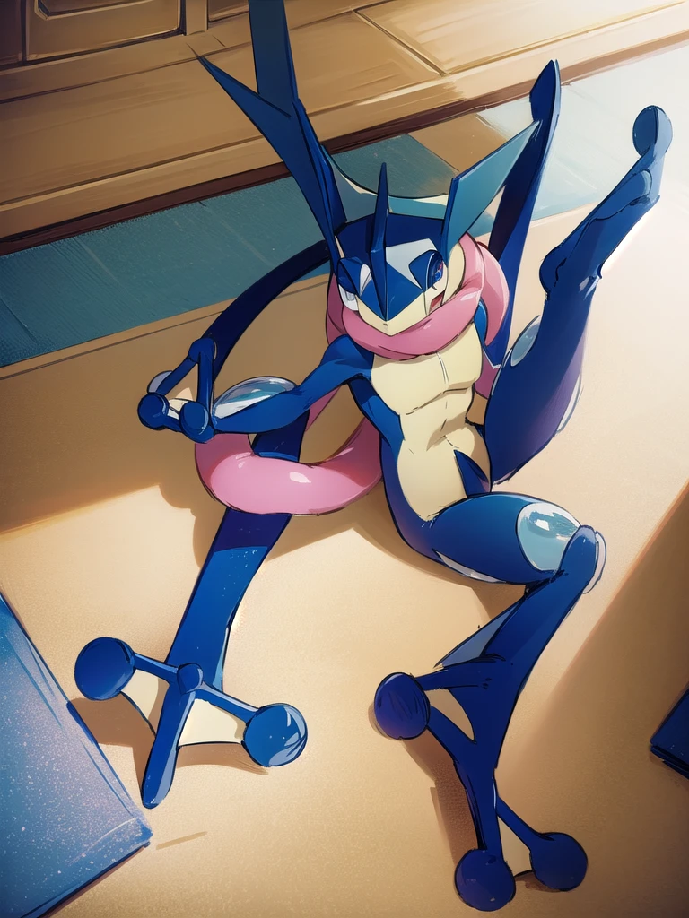 (masterpiece, best quality:1.2),solo,greninja \(pokemon\),pokemon \(creature\),full body,no humans,outstretched arms, long tongue, blue skin,looking at viewer,blue sky