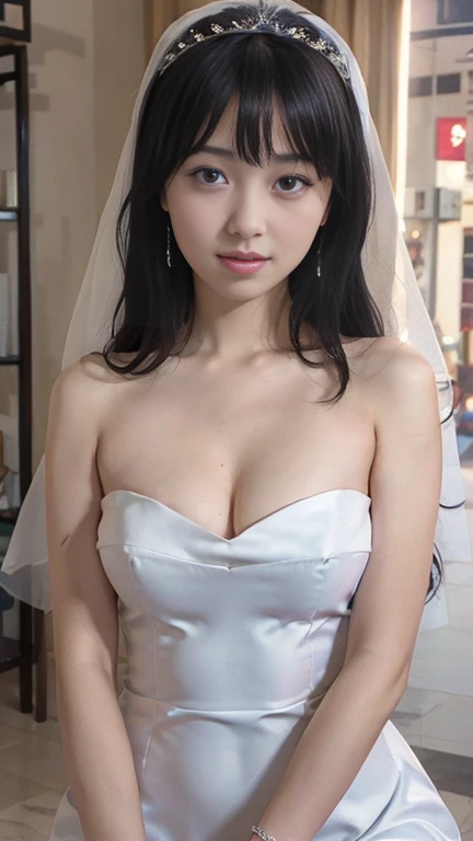 Highly detailed CG Unity 8k wallpaper, top quality, super detailed, masterpiece, realistic, photorealistic, highly detailed cute girl, (25 years old), blush, round eyes, small breasts, viewer, semi-body shot, white wedding dress, cleavage, veil