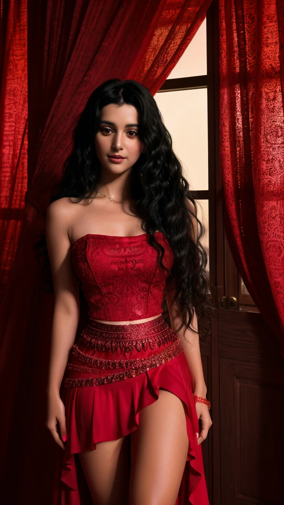 A beautiful Arabian goddess in a vibrant red dress with a flowy skirt and elegant top. She has long, curly black hair styled in soft waves. The photo should be 8K resolution, high contrast, with extremely detailed textures and a soft, glowing lighting. The woman should be standing and looking directly at the camera with a beautiful expression.