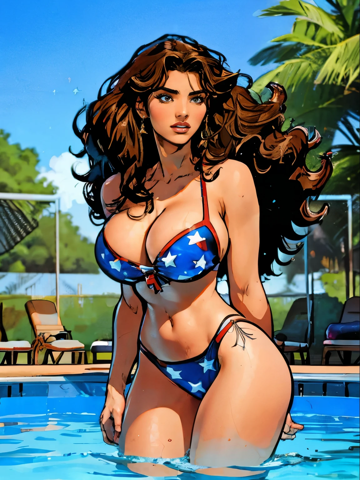 Gorgeous and sultry busty athletic (thin) brunette with sharp facial features and a (big hair) and (huge , long legs) wearing a star-spangled bikini, Americana, swimming pool.