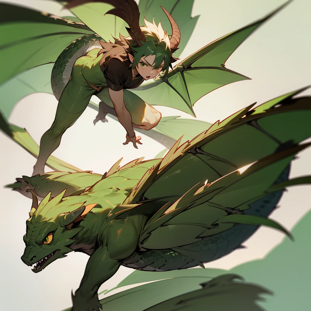 A 14 year old dragon hybrid boy with green wings and tail and brown horns and very cute
