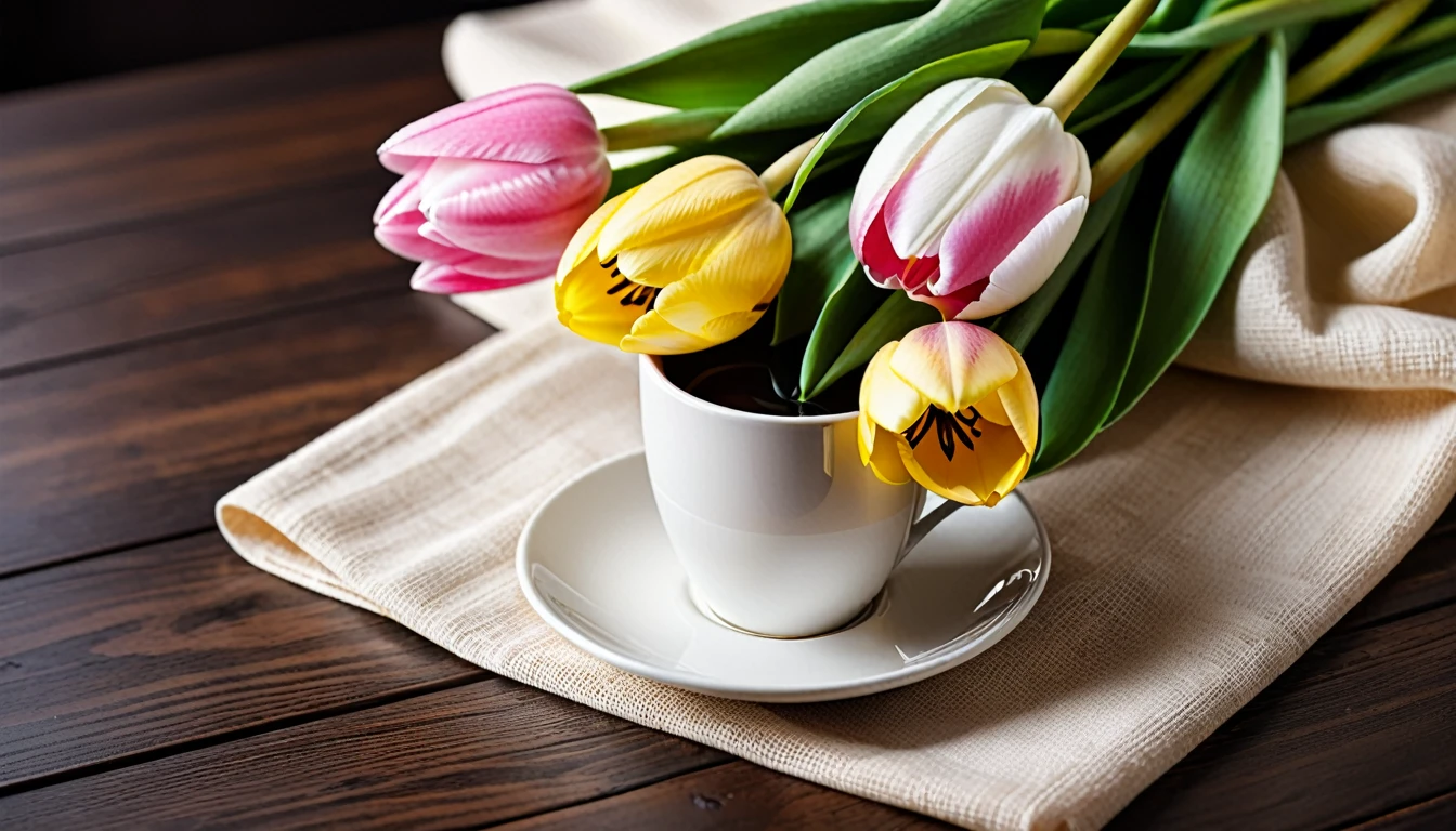 overlooking angle.Best still life composition(best quality,4K,8K,High resolution,masterpiece:1.2),Super detailed,Flat bouquet of bright pastel pink, yellow and white tulips from above(Lying flat on dark wood grain table.From top to left.Make space on your desk)..(Practical,photoPractical,photo-Practical:1.37),latté.Artist coffee impression.Next to it is a transparent white gauze with clear texture,Place it randomly aside...Sophisticated and elegant.Modern style cafe bokeh background.Super detailed.(Super quality,Super detailed,Ultra-complex,Extremely complex)Soft and natural light and shadow.Reverse fragrance.no humans.Ultra wide angle, (Detailed texture),Background covered with film grain, natural soft light,(Morning Scene.warm sunshine in the morning)Ray tracing, Vignette, Wide-angle lens, Ultra wide angle, best qualitycinematic lighting, Depth of Field, outer boundary, Negative space, Letterbox header image