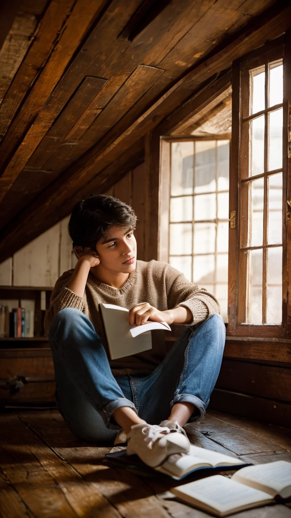 Ricardo in the attic sitting reading a diary