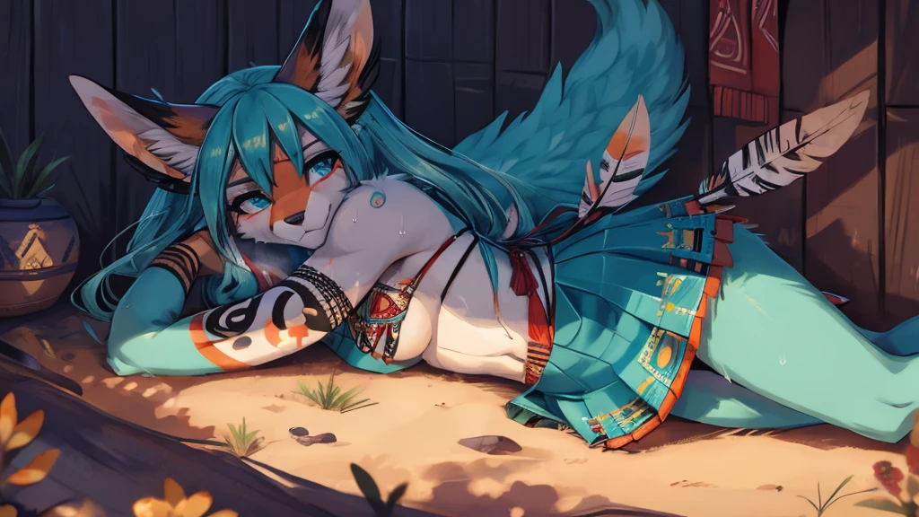 Miku Hatsune, add high definition_detail:1, blue fur,kitsune ears, tribal tattoo add_detail:1, sensual pose against the wall add_details:1, tribal feather necklage, rainbowed feather skirt, tribal feather ornaments for the body high definition, tribal feather bralette, desertic landscape oasis in the background, exhausted girl, sweating, very hot, intense sun add_detailsl 