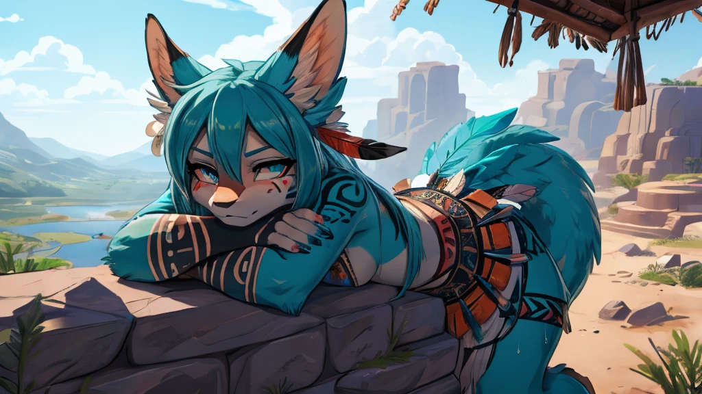 Miku Hatsune, add high definition_detail:1, blue fur,kitsune ears, tribal tattoo add_detail:1, sensual pose against the wall add_details:1, tribal feather necklage, rainbowed feather skirt, tribal feather ornaments for the body high definition, tribal feather bralette, desertic landscape oasis in the background, exhausted girl, sweating, very hot, intense sun add_detailsl 