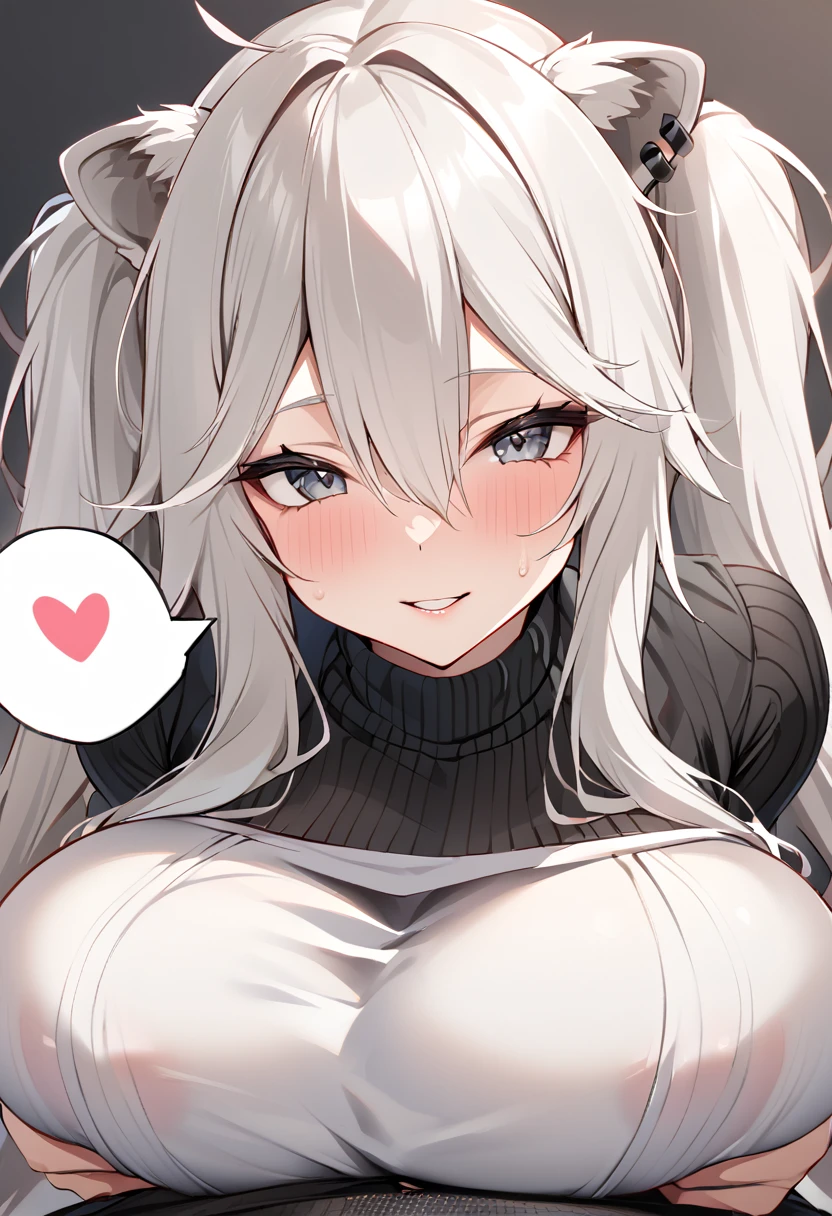 Shishirabotan、Black knitted clothes、Vertical sweater clothes、Black sweater、Huge breasts:1.5、sagging breast:1.5、1girl、portrait、spoken heart、face focus、straight hair、Twin tails、Slightly messy hair、White lion、paizuri under clothes、Titty fuck