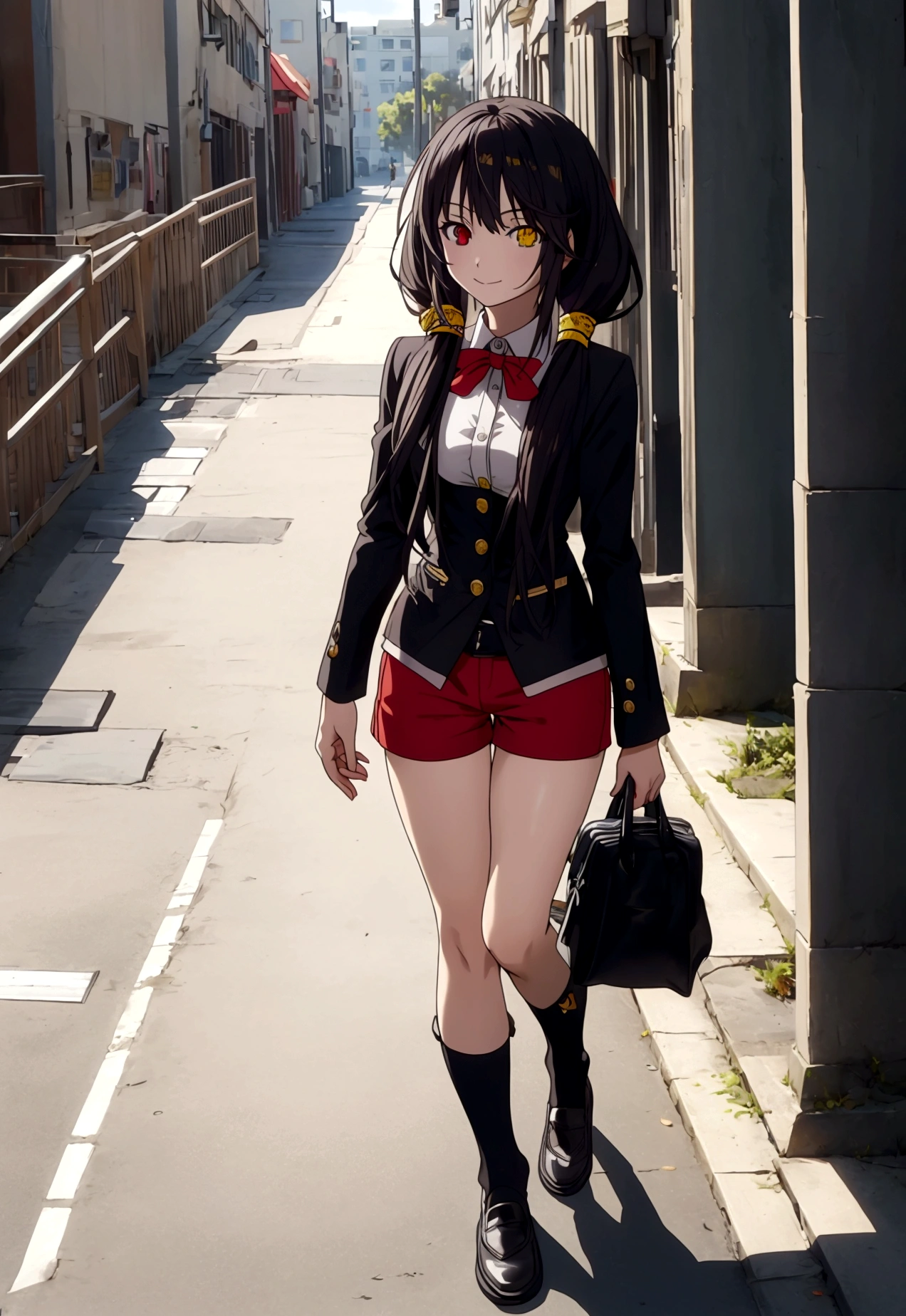 ultra-detailed,highly detailed,best quality,masterpiece,illustration,realistic, photo,photorealistic,
1girl, tokisaki kurumi,cosplay,hair over one eye, (right red eye, left yellow eye), looking at viewer, happy girl,low twintails,
, hotpants, hair rings, loafers,
Outdoors, walking, beach
