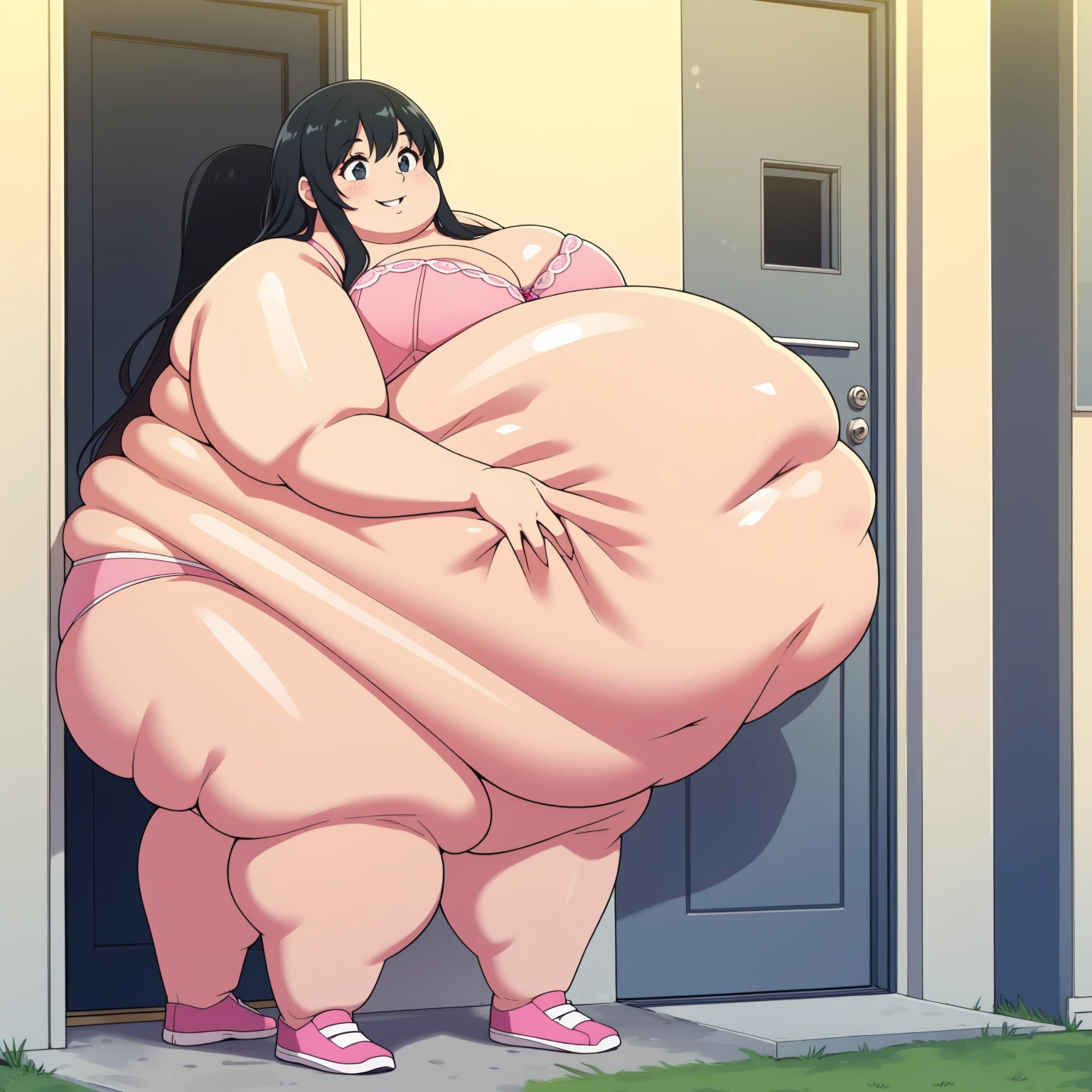 Sitting on ground (Obese:1.1), (immobile:1.1), (600 pounds) (Blob:1.1)18, wearing pink bra and pink panties, standing outside in front of door to house, very long black hair, (big smile)