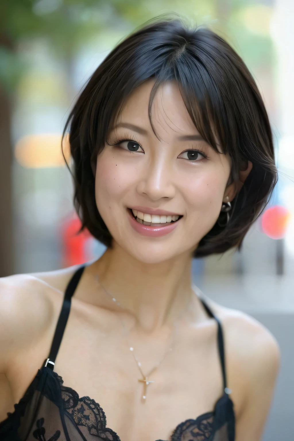 Browsing Caution:1.3:((Highest quality、8K resolution、Masterpiece、Portraiture:1.3)), Photorealistic, 35mm Film, Mature Woman:1.5,On the street during the day, Wrinkles around the eyes,Wrinkles around the mouth、short hair、((Flashy black lingerie:1.3)) , (Outdoor_City Street: 1.3), Cluttered background,Looking at the audience,(Tokyo cityscape:1.3),Large Breasts:1.3,Laughter, whole body