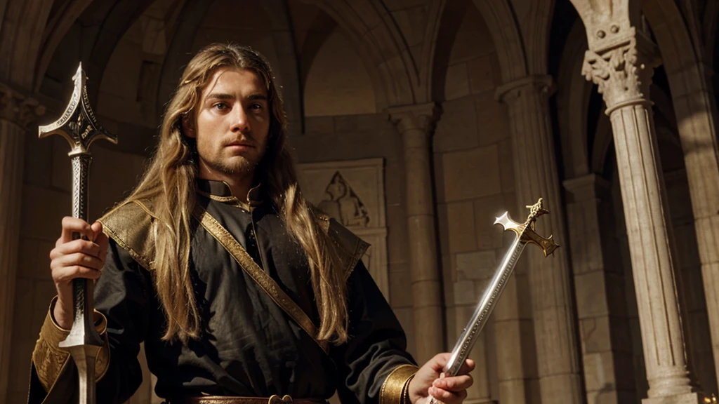 King Charlemagne with long and blond hair while holding the excalibur sword in his hand,