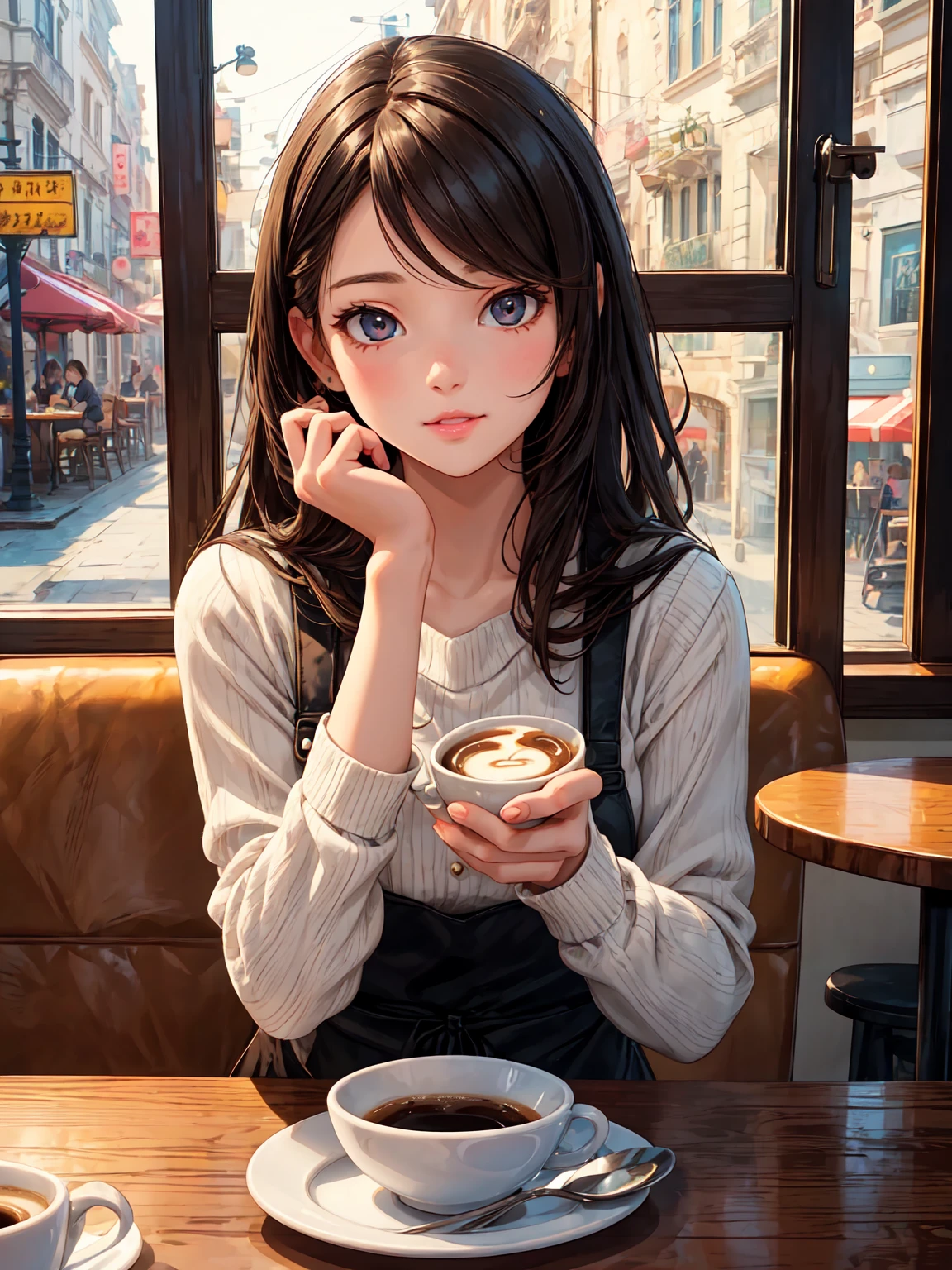 a girl enjoying coffee and cheesecake at a cafe, detailed facial features, beautiful detailed eyes, beautiful detailed lips, cute expression, cozy cafe interior, warm lighting, photorealistic, 8k, highly detailed, masterpiece, intricate details, vibrant colors, soft bokeh background