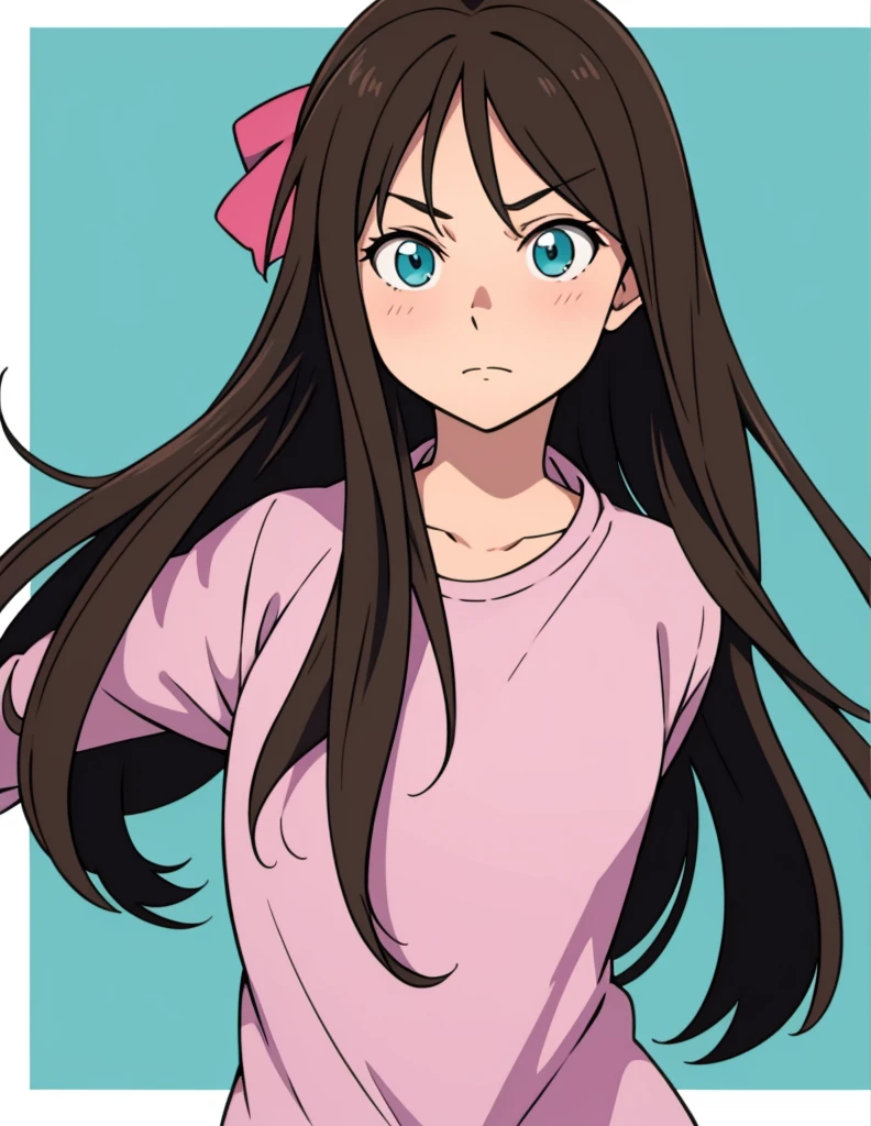 (Best Quality, anime sharp eyes), detailed_background,teal background, closeup, sharp look, mature, brown hair, long hair, straight hair, hair bow,pixelated,blush ,luca (kuruton486),highres,1girl,letterboxed,solo,kuruton486,pink casual shirt,blue eyes,shirt,parted bangs