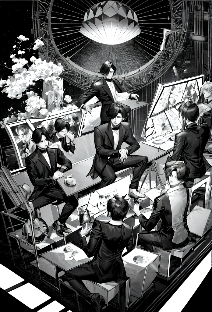 imagina poster da boy band TBS, Dynamite music, black andwhite, with oriental singers, tonalidades black andwhite, BTS (Bangtan Boys (BTS)) 'Dynamite', backfraund fundo imagem black andwhite