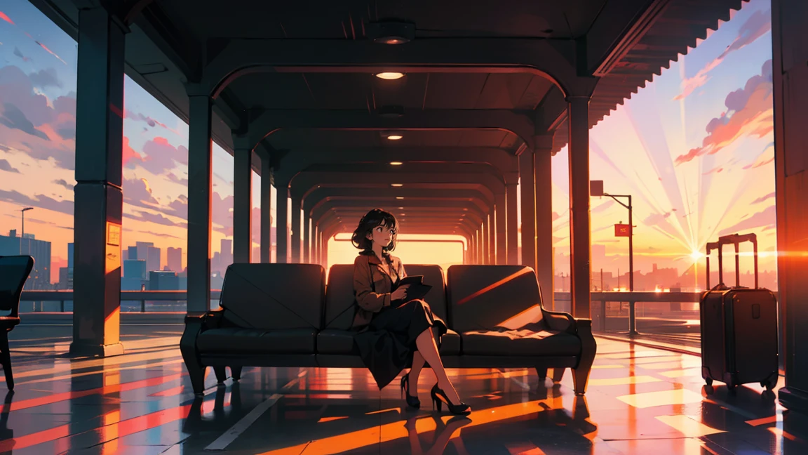 New modern airport, Travelers sitting and waiting, It has a nice atmosphere, Adult women, Trunk Case ,Perfect Face, A melancholic look, (Backlight: 1.1), A scene from a movie, Soft Shadows, masterpiece, Highest quality, Complex, Model shooting style, Film Grain, Wide Shot、Red lipstick