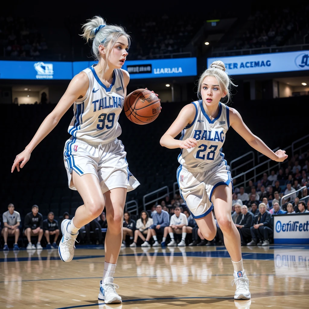  female teenager with white hair up blue eyes and white skin playing professional basketball full body 