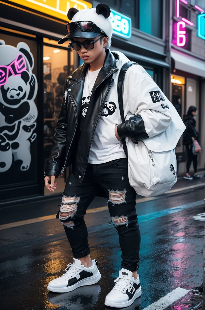 Sure! Here is the translated text:

- "A stylish panda wearing a black leather jacket over a white t-shirt, ripped jeans, and modern design sneakers. He is walking down an urban street full of colorful graffiti at dusk, with neon lights reflecting in the puddles. The panda carries a cool backpack and wears sunglasses, conveying a relaxed and contemporary look."
